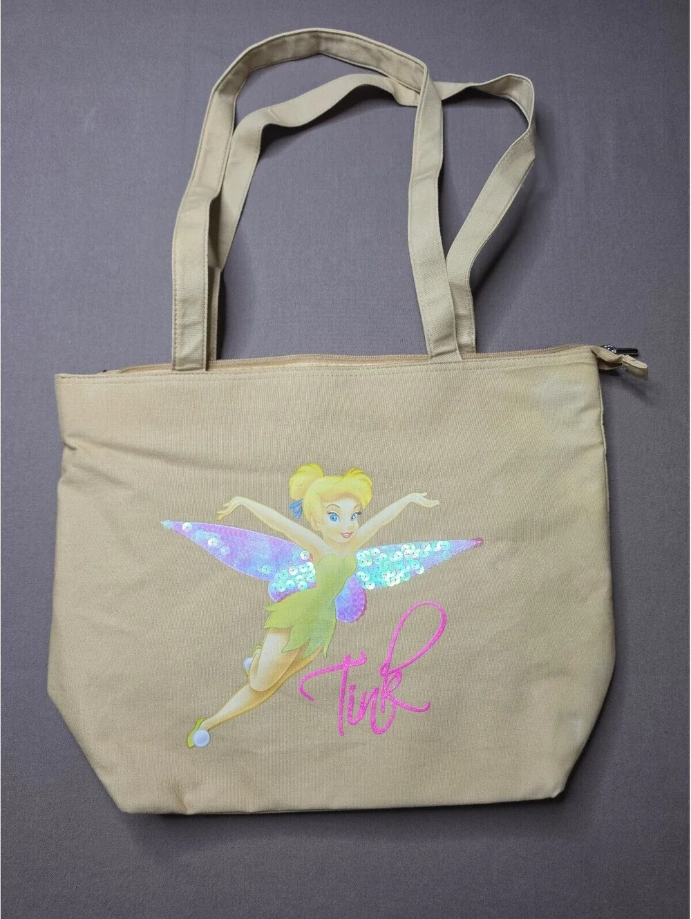 Disney Tinker Bell Tink Sequin Wings Canvas Tote Bag Y2K Fairycore Zip